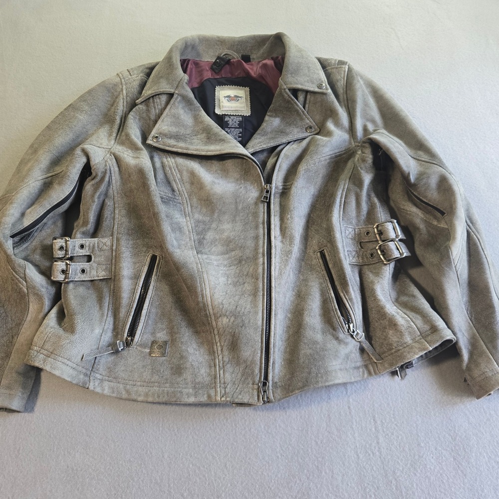 Harley‎ Davidson Leather Jacket Womens 2W Grey Distressed Lambskin Biker Moto